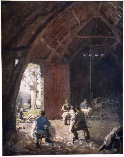 Schafschur, Esthwaite Hall Farm, aus einem Portfolio von Drucken nach den Original-Aquarellen, ca. 1920 von Alfred Heaton Cooper