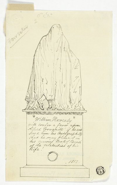 Visitenkarte mit drapiertem Denkmal, Künstlerinschrift von Alfred Henry Forrester