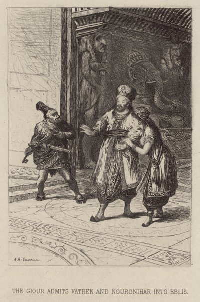 Der Giour lässt Vathek und Nouronihar in Eblis ein (Radierung) von Alfred Holst Tourrier