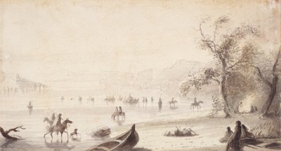 Büffelbootfahrt über den Platte, ca. 1837 von Alfred Jacob Miller