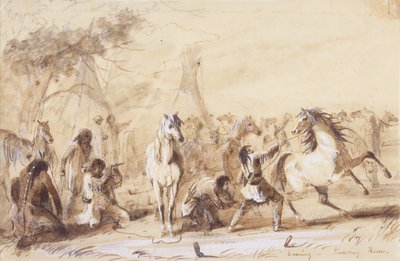 Abend, Pferde anbinden, ca. 1837 von Alfred Jacob Miller
