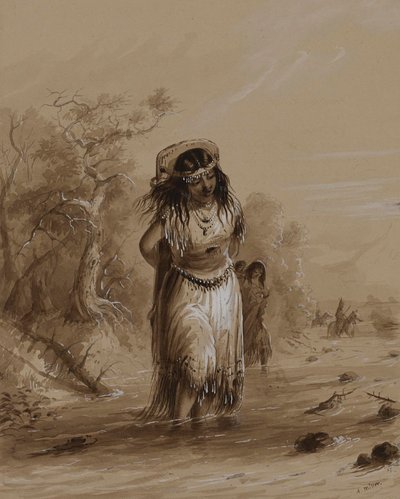 Indisches Mädchen mit Papoose überquert den Bach von Alfred Jacob Miller