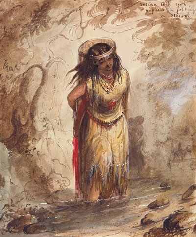 Indianermädchen mit Papoose durchquert einen Bach, ca. 1837 von Alfred Jacob Miller