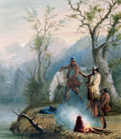 Das Rösten der Buckelrippe, 1837 (Aquarell auf Papier) von Alfred Jacob Miller