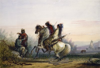 Fallensteller und Indianer kommunizieren mit Zeichen von Alfred Jacob Miller