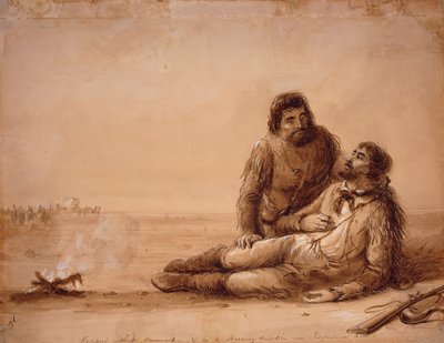 Trapper ohne Munition und in einem verhungernden Zustand nahe Independence Rock, um 1850 von Alfred Jacob Miller