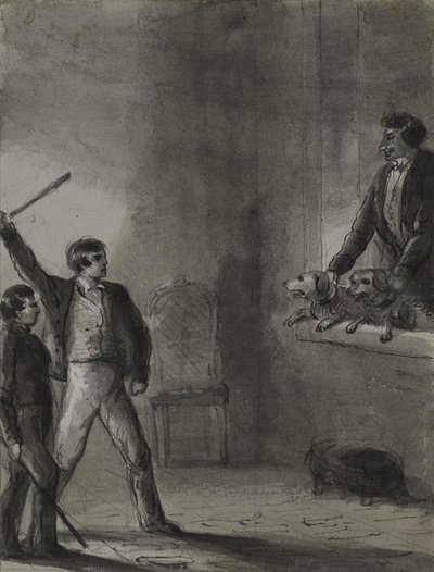 Zwei Jungen mit erhobenen Stöcken, während ein Mann und Hunde aus einem Fenster schauen von Alfred Jacob Miller