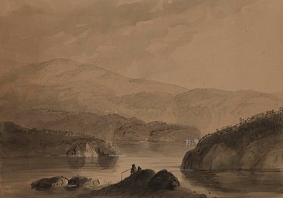 Ansicht von Männern, die von einem Felsen in einem See angeln von Alfred Jacob Miller