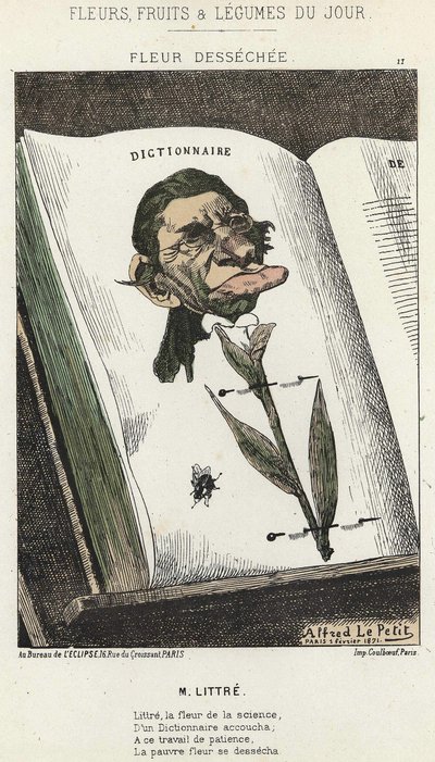 Verwelkte Blume: Karikatur auf Littré - Illustration vom 01.02.1871 in „Blumen, Früchte und Gemüse des Tages“ von Alfred Le Petit