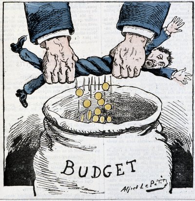 Armer Steuerzahler, danke dem Kaiserreich! : Karikatur über Steuern und das Budget - von A. Le Petitty, in „Le Sans-Culotte“ von Alfred Le Petit