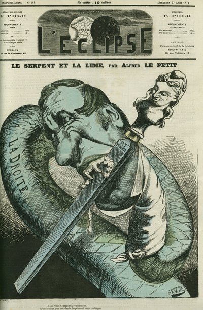 Die Schlange und die Feile, die rechte Schlange feilt ihre Zähne an der Republik. Cover in „L