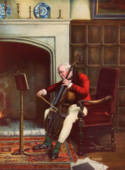 Ein schwieriger Durchgang - Mann übt Cello vor dem Feuer von Alfred Lyndon Grace