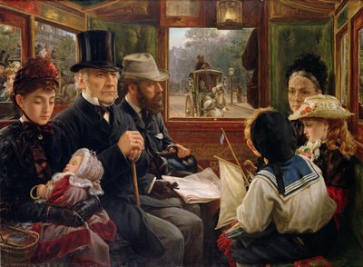 Eine Omnibusfahrt zum Piccadilly Circus, Mr. Gladstone reist mit gewöhnlichen Passagieren, 1885 von Alfred Morgan
