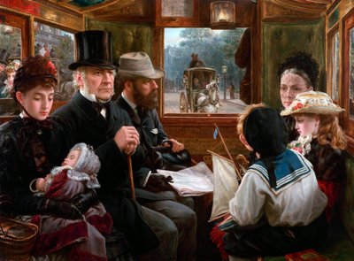 Eine Omnibusfahrt zum Piccadilly Circus, Mr. Gladstone reist mit gewöhnlichen Passagieren, 1885 von Alfred Morgan