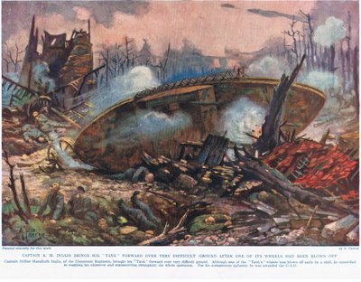 Captain A.M. Inglis bringt seinen Panzer über sehr schwieriges Gelände vor, nachdem eines seiner Räder weggesprengt wurde, Illustration aus 