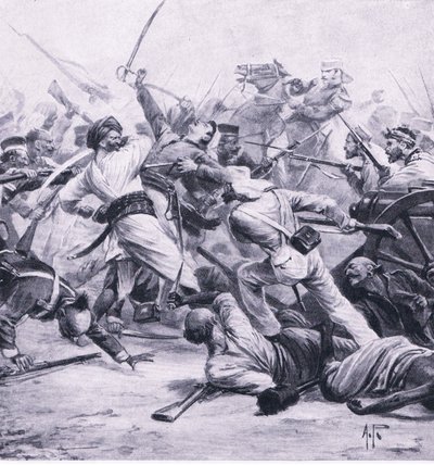 Nicholsons Niederlage der Rebellen bei Najafgarh, 2. August 1857, Illustration aus British Battles on Land and Sea, 1915 von Alfred Pearse