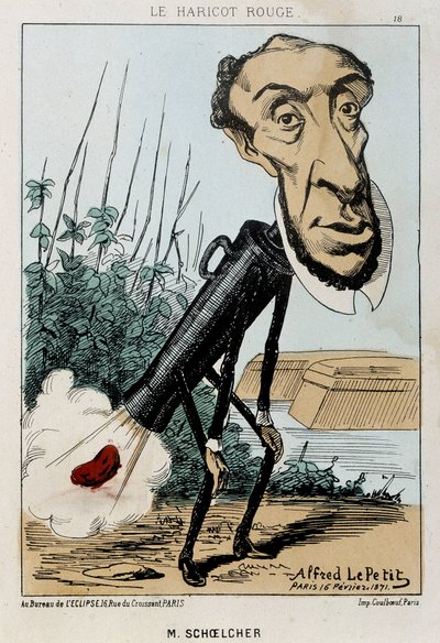 Le Bean rouge: Karikatur von Victor Schoelcher dargestellt im Zug von Peter ein Bohne (Furz) - ill. vom 16/02/1871 in „Fleurs, Fruits et Vegetables du Jour“ von Alfred Petit