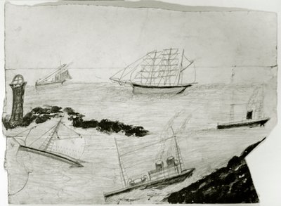 Drei Segelschiffe, zwei Dampfschiffe und Godrevy-Leuchtturm, ca. 1935-38 von Alfred Wallis