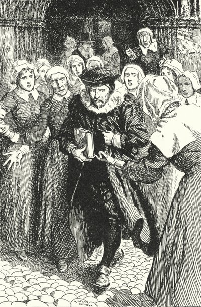 Der schottische Priester William Annand wird von den Frauen Edinburghs verurteilt, weil er aus dem neuen Gebetbuch in der St. Giles Kathedrale predigt, 1637 von Alfred Wallis Mills