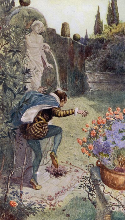 Wasser aus einem Krug, gehalten von einer Statue in einem Garten, das auf den Kopf des französischen Töpfers Bernard Palissy fließt von Alfred Wallis Mills