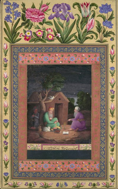 Zwei alte Männer im Gespräch vor einer Hütte, Folio aus dem Davis-Album von Ali Quli Jabbadar