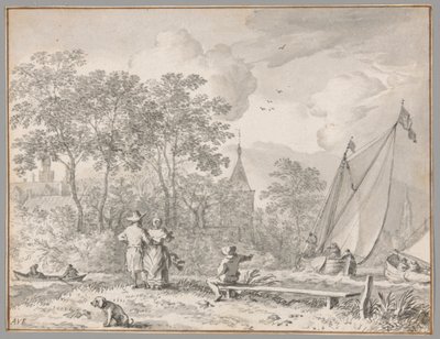 Landschaft mit eleganten Figuren an einem Fluss, mit Booten rechts und einer Stadt hinter Bäumen dahinter von Allaert van Everdingen