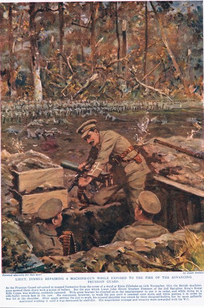 Leutnant Dimmer repariert ein Maschinengewehr, während er dem Feuer der vorrückenden preußischen Garde ausgesetzt ist, Illustration aus 