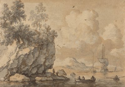 Figuren in Ruderbooten in einer felsigen Bucht, Segelschiffe dahinter von Allart van Everdingen
