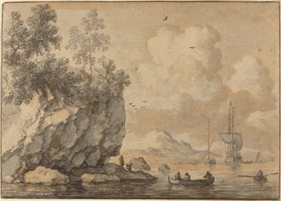 Figuren in Ruderbooten in einer felsigen Bucht, Segelschiffe dahinter von Allart van Everdingen