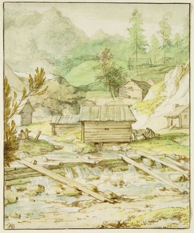 Nordische Landschaft mit Holzhütte und Wehr von Allart van Everdingen