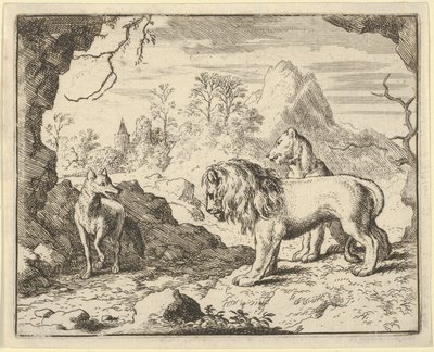 Renard überzeugt den Löwen und die Löwin, einen Schatz zu finden, den sein Vater ihnen gestohlen hat..., 1650-75 von Allart van Everdingen