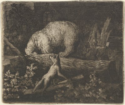 Der Bär mit seiner Schnauze und seinen Vorderpfoten im Stamm eines Baumes gefangen, Mitte des 17. Jahrhunderts von Allart van Everdingen