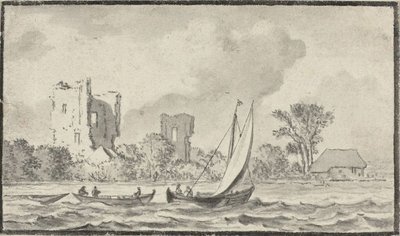 Drei Boote auf einem Fluss mit Ruinen entlang des Ufers von Allart van Everdingen