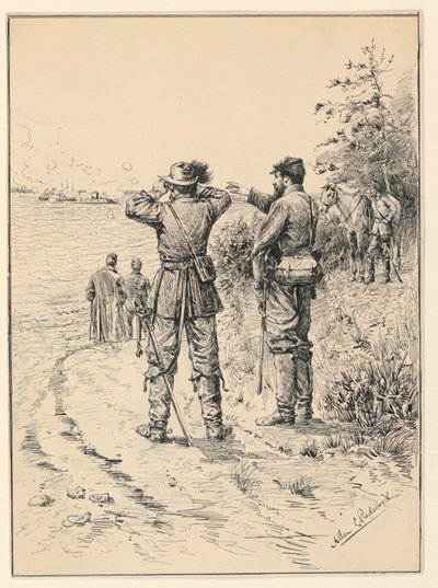 Offiziere und General beobachten eine Seeschlacht (Schlacht von Monitor und Merrimac) von Allen Carter Redwood