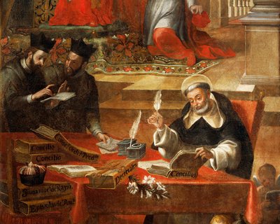Zwei Jesuiten im Gespräch, während St. Raymond das Konzil schreibt, (Detail) von Alonso Antonio Villamor
