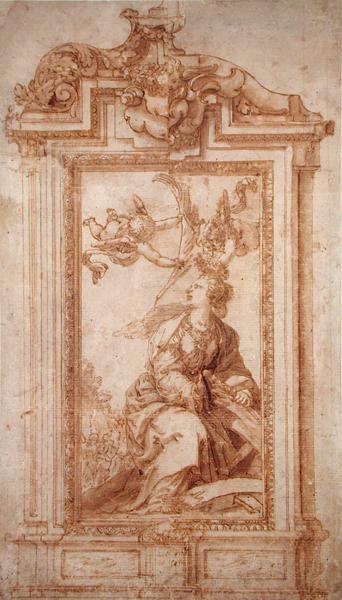 Architektonisches Design mit weiblicher Figur und Putti von Alonso Cano