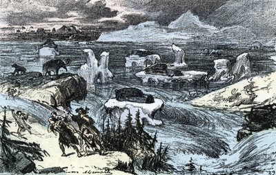 Urgeschichte; Überschwemmung in Mitteleuropa am Ende der Eiszeit. Gravur aus „Natur und Mensch“ von Rengade 1881. Private Sammlung von Alphonse Demarle