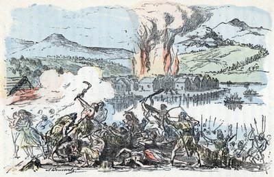 Urgeschichte: Kriegsszene zu Beginn der Eisenzeit, Brand der Pfahlbausiedlungen von Alphonse Demarle
