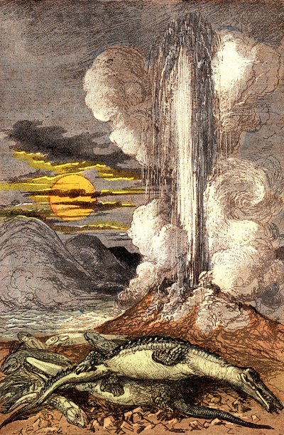 Giftige Ausbrüche von Thermalquellen in der Triaszeit. Schöpfung und Lebewesen (von Jules Rengade). Zeichnung von A. Demarle. 1885 von Alphonse Demarle