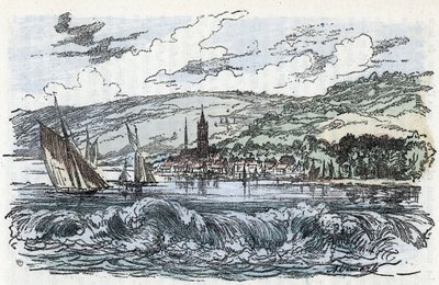 Ansicht des Mascaret der Seine in Caudebec-en-Caux in der Seine-Maritime, Normandie. Gravur aus „Natur und Mensch“ von Rengade 1881. Private Sammlung von Alphonse Demarle