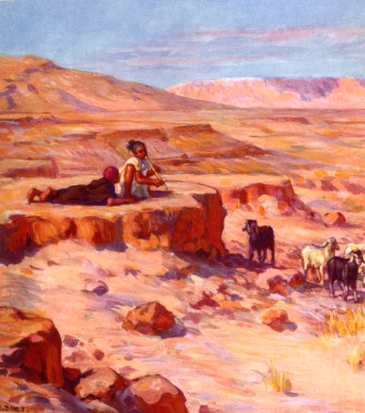 Zwei arabische Nomadenkinder spielen Flöte und hüten Ziegen in der Wüste von Alphonse Etienne Dinet