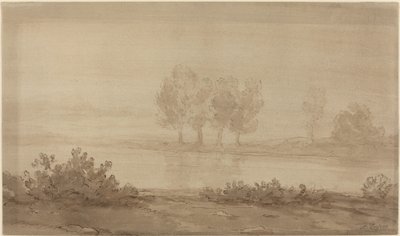 Landschaft - Vier Bäume jenseits eines Flusses von Alphonse Legros