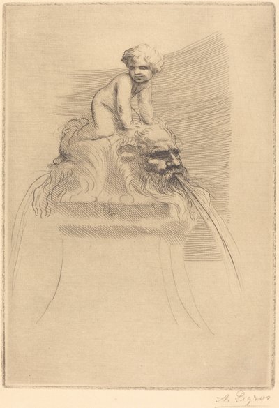 Kleiner Brunnen, Kind spielt auf den Grotesken von Alphonse Legros