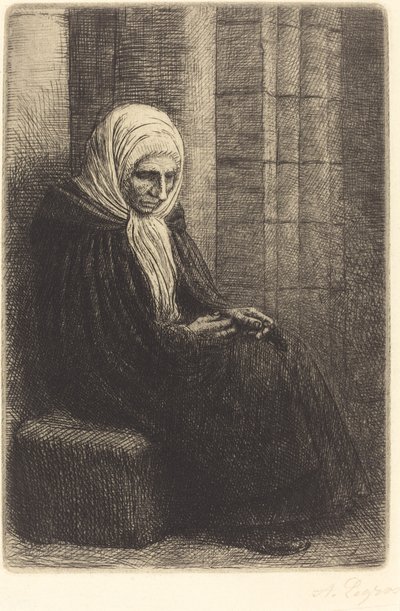 Frau sitzt an einer Wand, Kind mit Kopf in ihrem Schoß von Alphonse Legros
