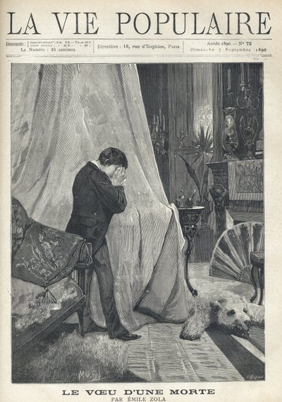 Ein Mann weint, versteckt sein Gesicht in einem Taschentuch, stehend hinter dem Baldachin eines Bettes in einem reich dekorierten Schlafzimmer. Illustration von Alfons Maria Mucha von Alphonse Mucha