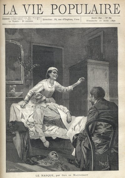 Ein magerer alter Mann mit einem ausgemergelten Gesicht streckt sich, sein Anzug, seine Schuhe und eine Karnevalsmaske liegen nahe seiner Windel (ein auf eine Couch geworfenes Tuch), in „La Vie Populaire“ von Alphonse Mucha
