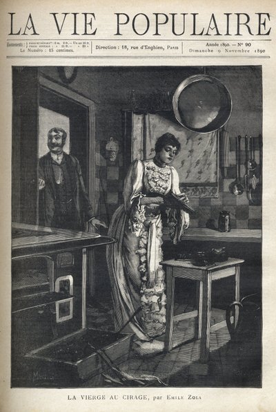 Eine elegante Frau wachst einen Schuh in der Küche eines Hauses. Ein Mann öffnet die Tür hinter ihr. Illustration von Alfons Maria Mucha von Alphonse Mucha