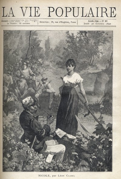 Ein alter Mann liest einer schönen jungen Bäuerin einen Brief vor, während Jäger die Szene aus der Ferne beobachten von Alphonse Mucha