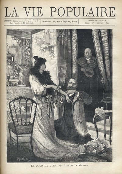 Ein alter Mann überrascht eine galante Szene: Ein Mann kniet vor einer eleganten Frau und befestigt ein Armband an ihrem Handgelenk. Illustration von Alfons Maria Mucha (Alphonse Marie Mucha) von Alphonse Mucha