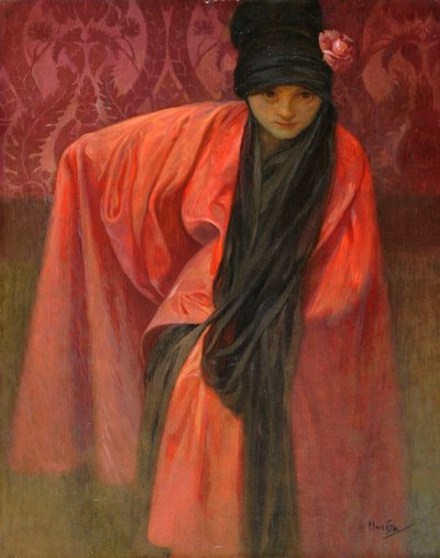 Mädchen in Rot von Alphonse Mucha